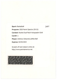 2020-21 Panini Spectra "Rookie Dual Patch Autographs Gold (#/10)" #1 Anthony Edwards & LaMelo Ball Autograph Redemption Card